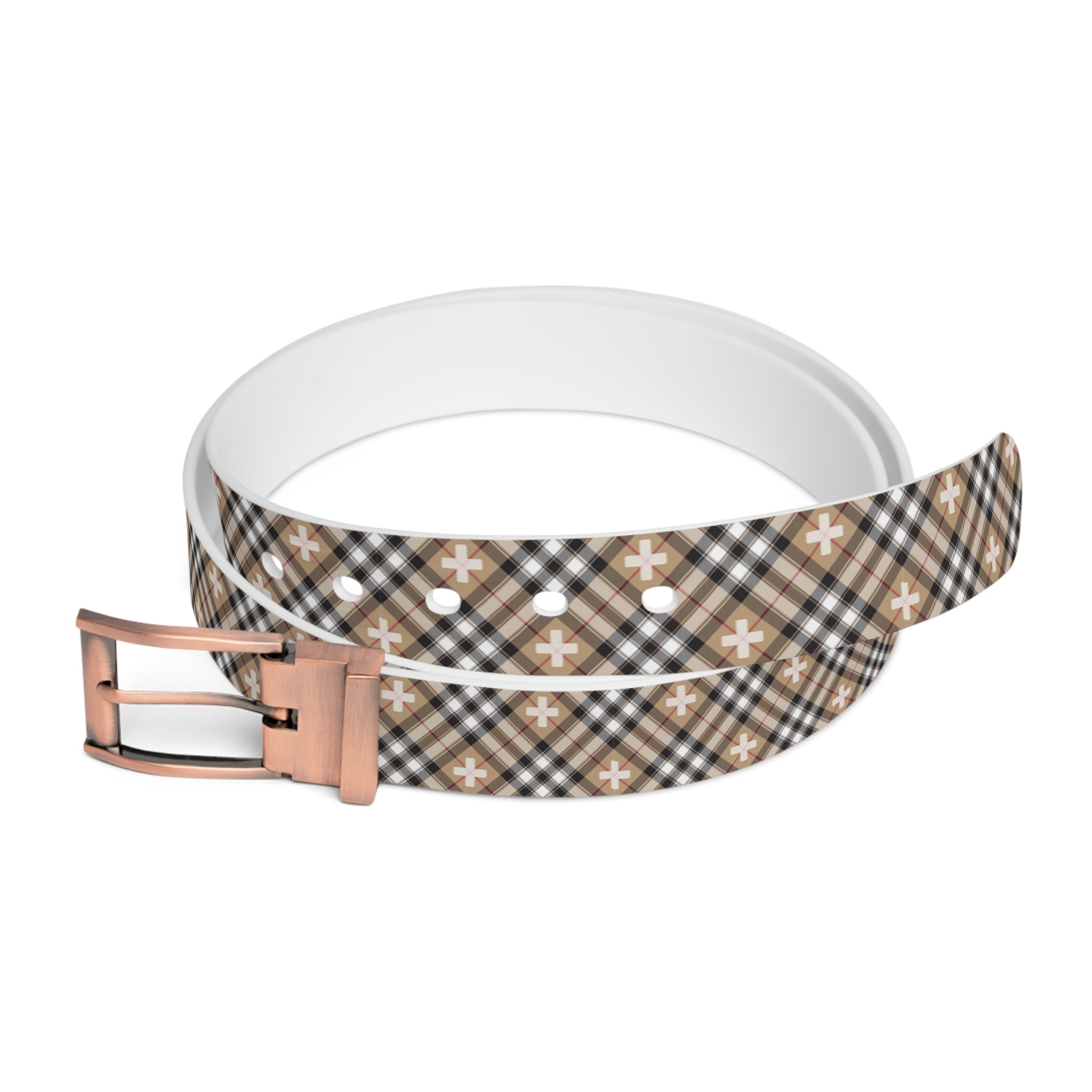 Beige Plaid Plus Signs Unisex Fashion Belt, Luxury Women's Belt, Men's Belt, Cut-to-size Belt Accessories Bronze-Metal-50 The Middle Aged Groove