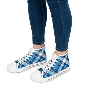 Groove Fashion Collection in Blue Plaid Women's High Top Sneakers, Unique Women's Shoes, Casual High Tops, Fashionable Women's Sneakers Shoes  The Middle Aged Groove