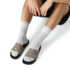  Beige Plaid Plus Sign Men's Slide Sandals, Summer Slide Sandals for Men Shoes