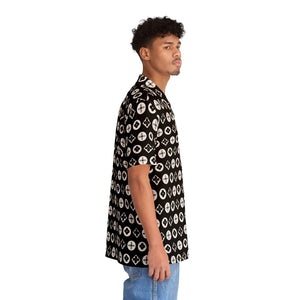  Groove Collection Trilogy of Icons Pattern (Black, White) Unisex Gender Neutral Black Button Up Shirt, Hawaiian Shirt Men's Shirts