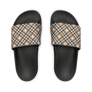  Beige Plaid Plus Sign Men's Slide Sandals, Summer Slide Sandals for Men ShoesBlackUS14