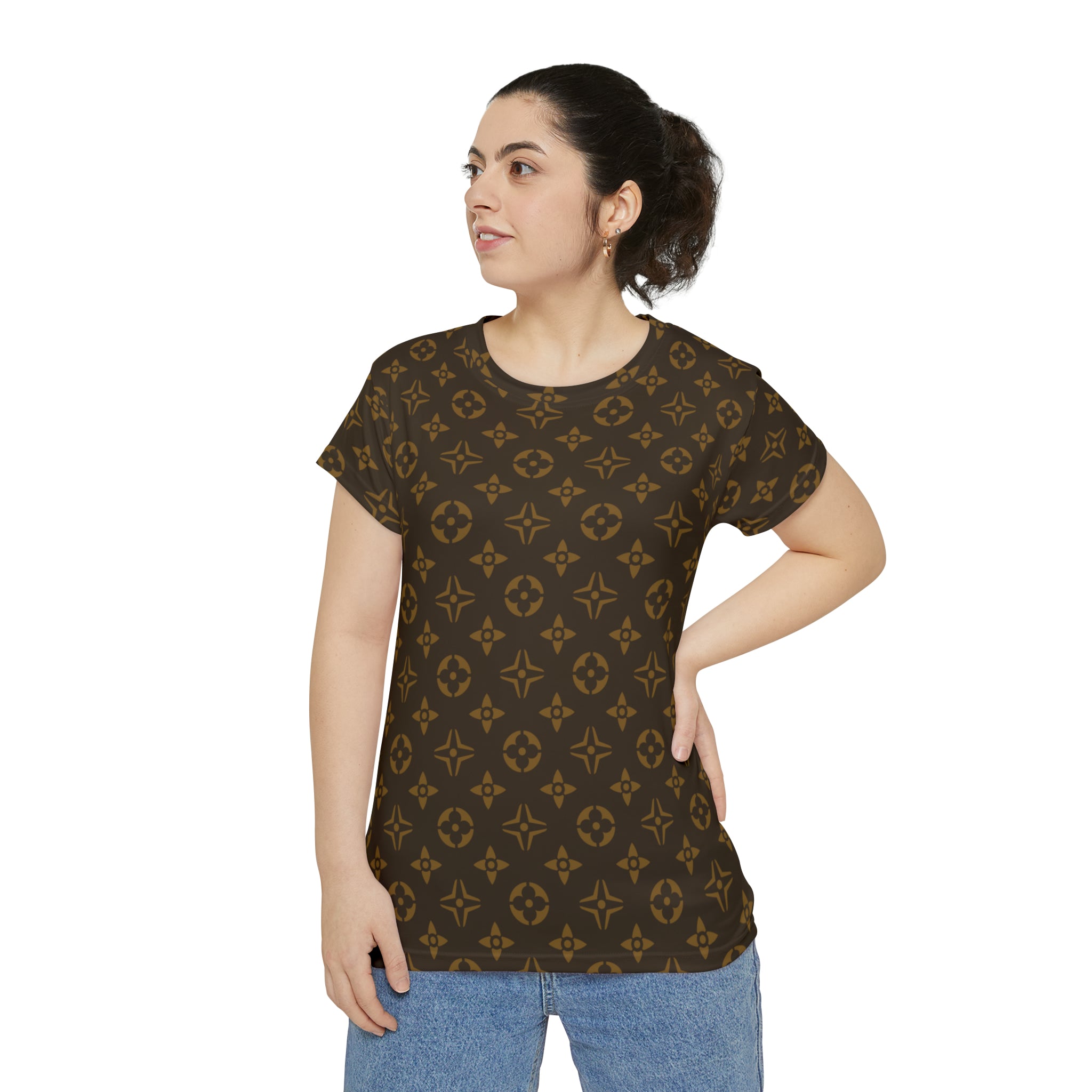  Abby Pattern Icons in Brown and Gold Women's Short Sleeve Shirt All Over Prints