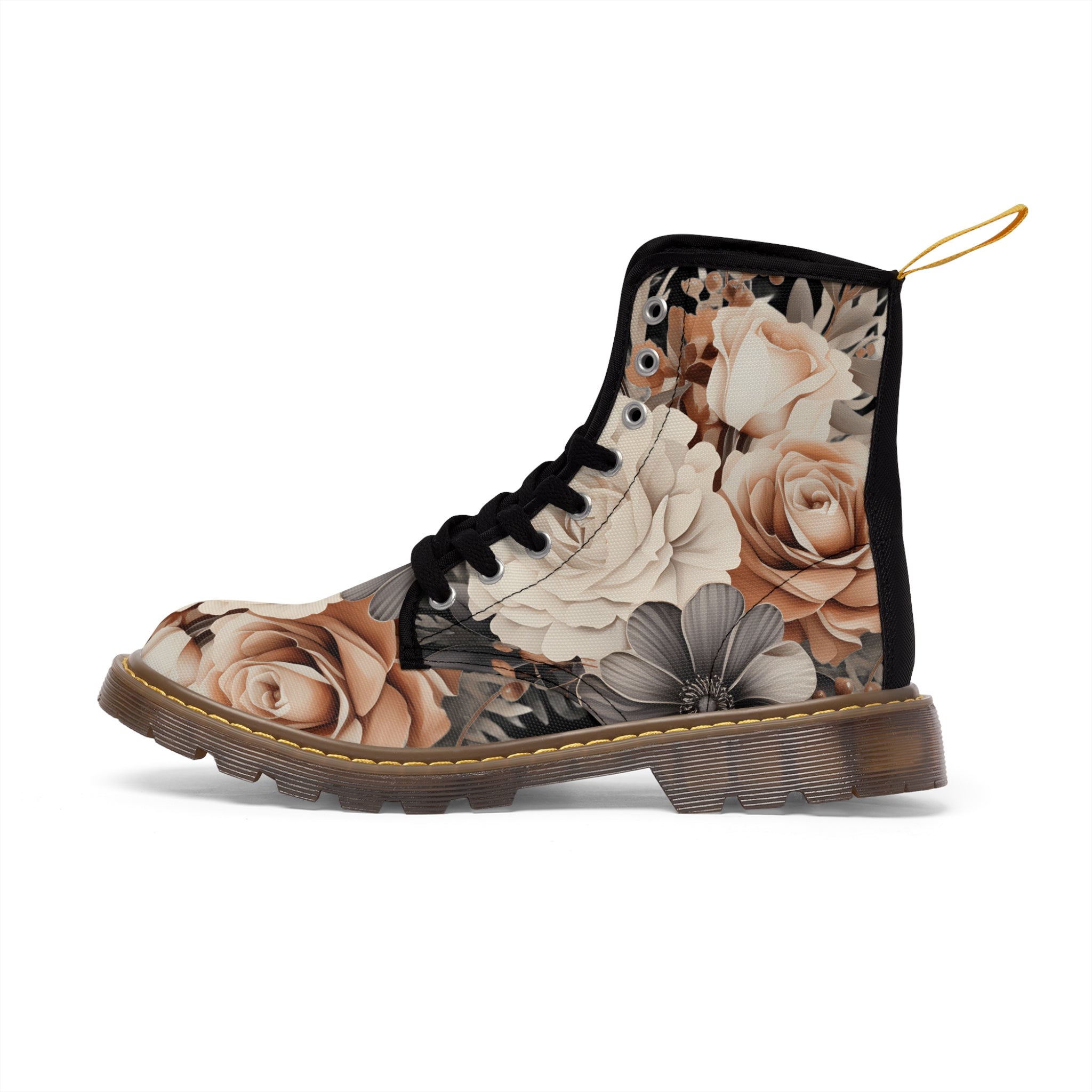 Vintage Gray, Peach and Cream Bloom Women's Canvas Boots, Military Style Lace Up Boots, Women's Flower Canvas Boots
