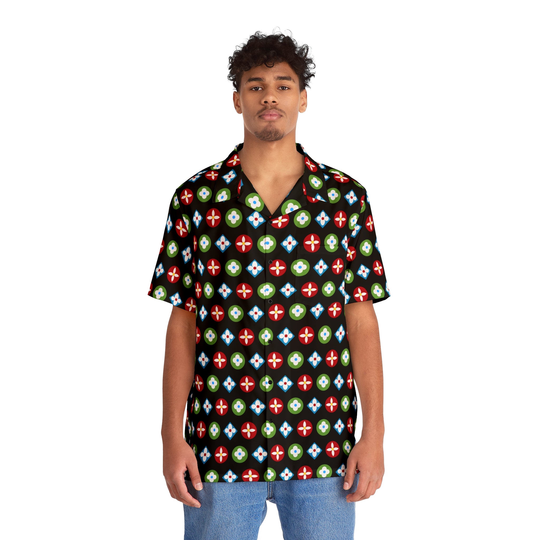  Groove Collection Trilogy of Icons Pattern (Red, Green, Blue) Black Unisex Gender Neutral Button Up Shirt, Hawaiian Shirt Men's Shirts