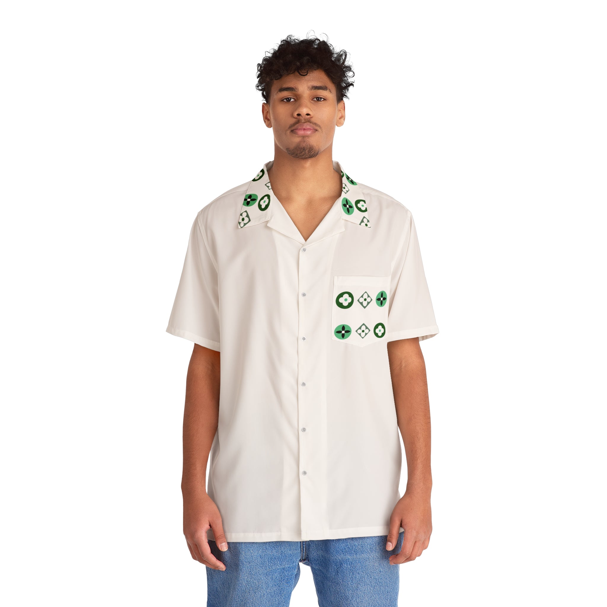 Groove Collection Trilogy of Icons Pocket Grid (Greens) White Unisex Gender Neutral Button Up Shirt, Hawaiian Shirt