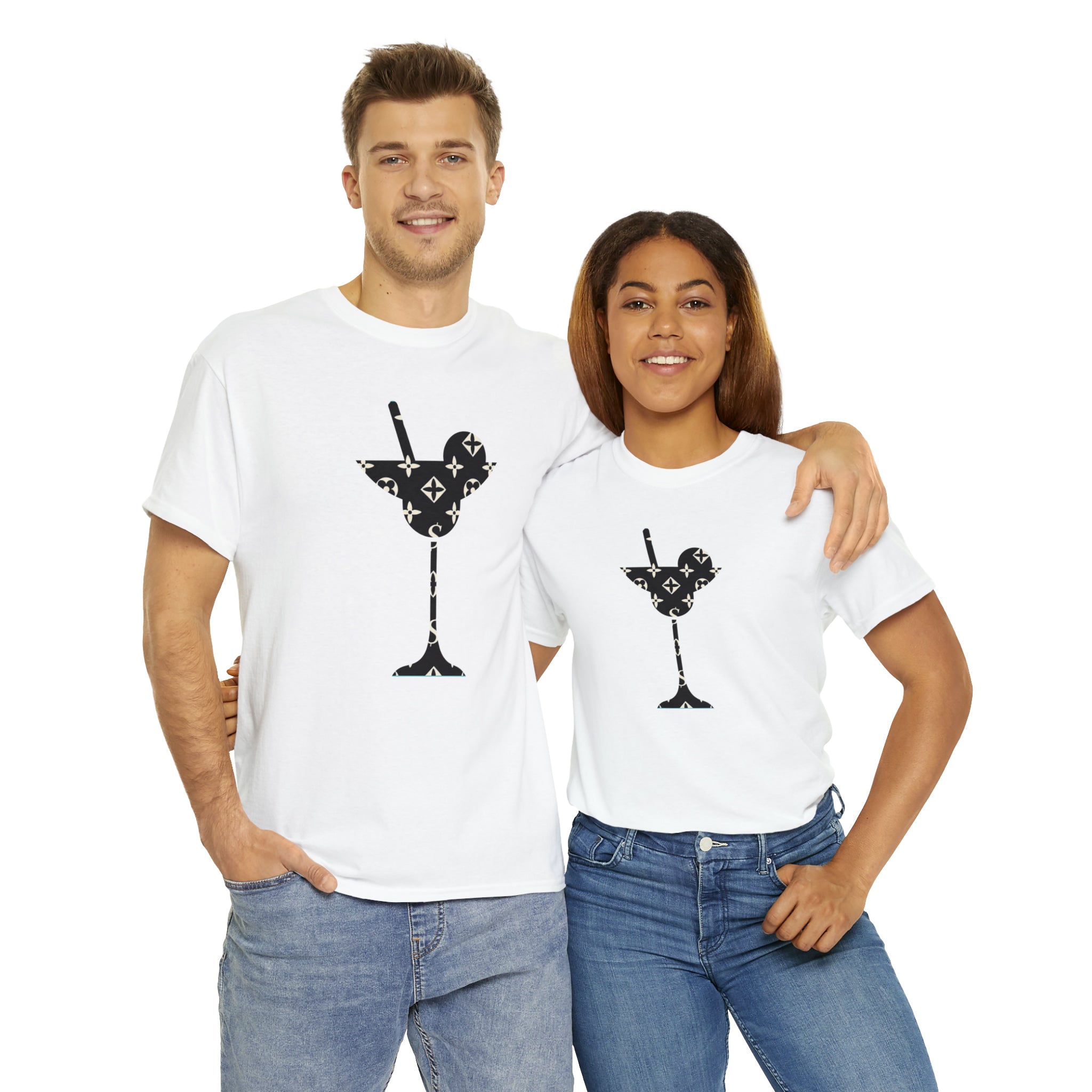  bby Pattern in Black and White Icons Martini Glass Unisex Relaxed Fit Heavy Cotton Tee, Graphic Loose Fit Tshirt T-Shirt