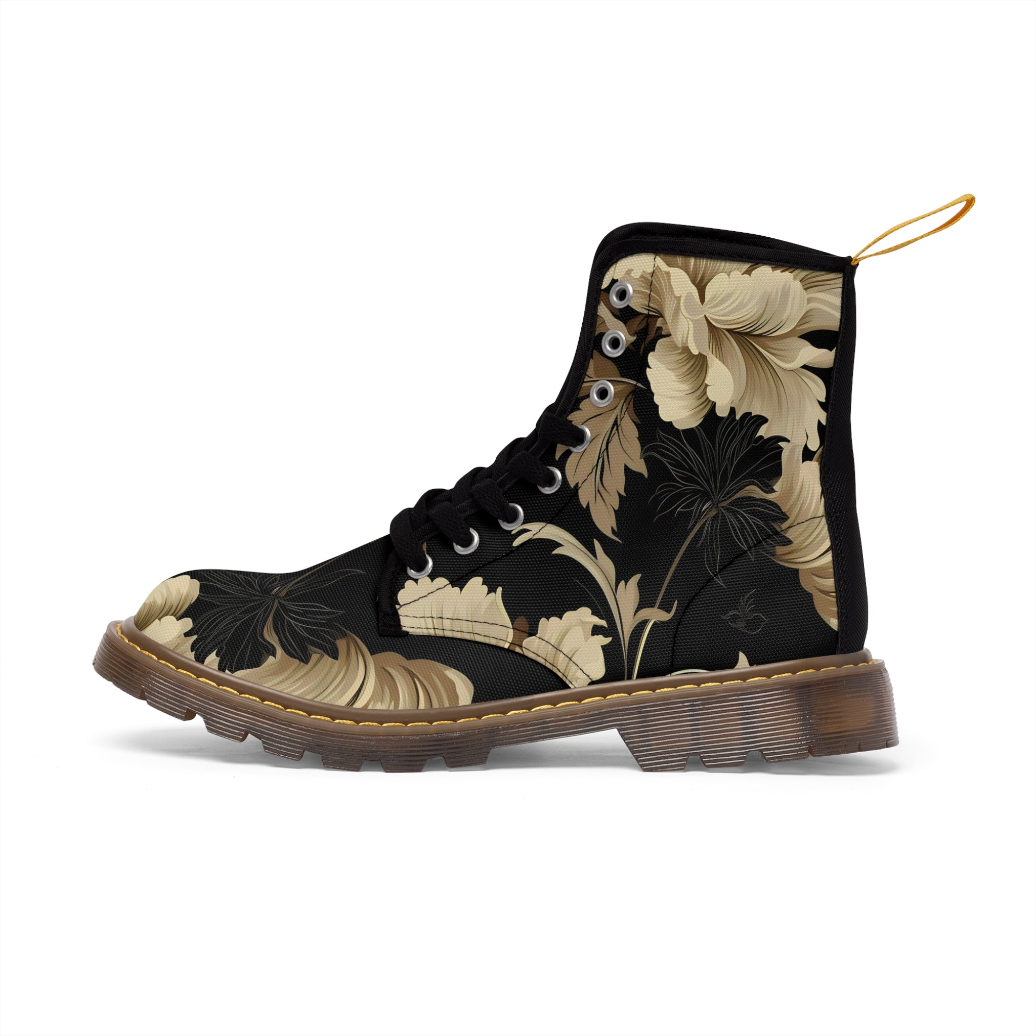 Vintage Cream Flowers and Leaves Women's Black Bloom Canvas Boots, Military Style Lace Up Boots, Women's Flower Canvas Boots