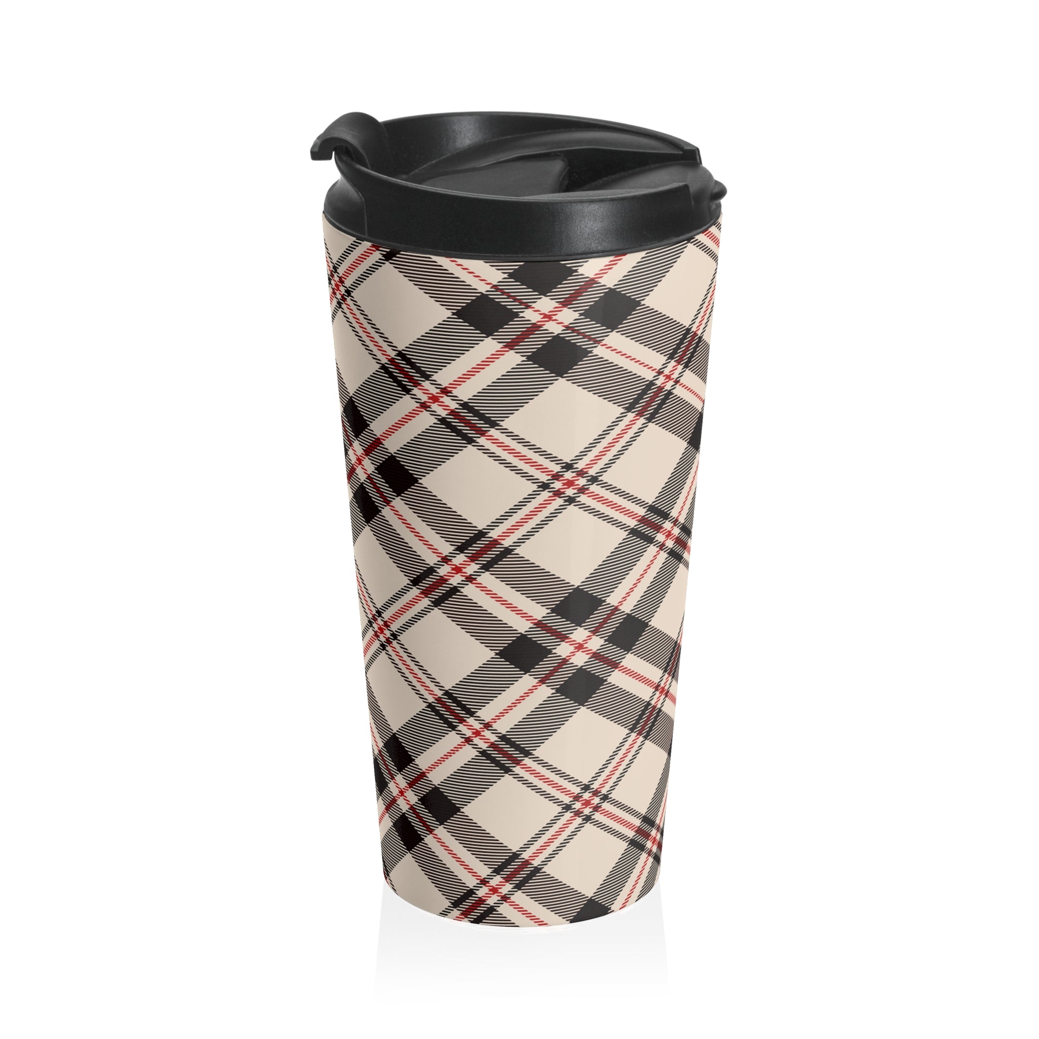  Beige and Red Plaid Stainless Steel Travel Mug, 15oz Plaid Coffee Cup, Cute Travel Mug, Stainless Steel Cup Travel Mug