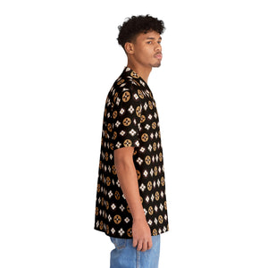  Groove Collection Trilogy of Icons Pattern (Browns) Black Unisex Gender Neutral Button Up Shirt, Hawaiian Shirt Men's Shirts