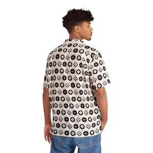 Groove Collection Trilogy of Icons Pattern (Black, White) Unisex Gender Neutral White Button Up Shirt, Hawaiian Shirt