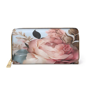 The Vintage Creamy Peach and Rose Women' Bloom Wallet, Zipper Pouch, Coin Purse, Zippered Wallet, Cute Purse