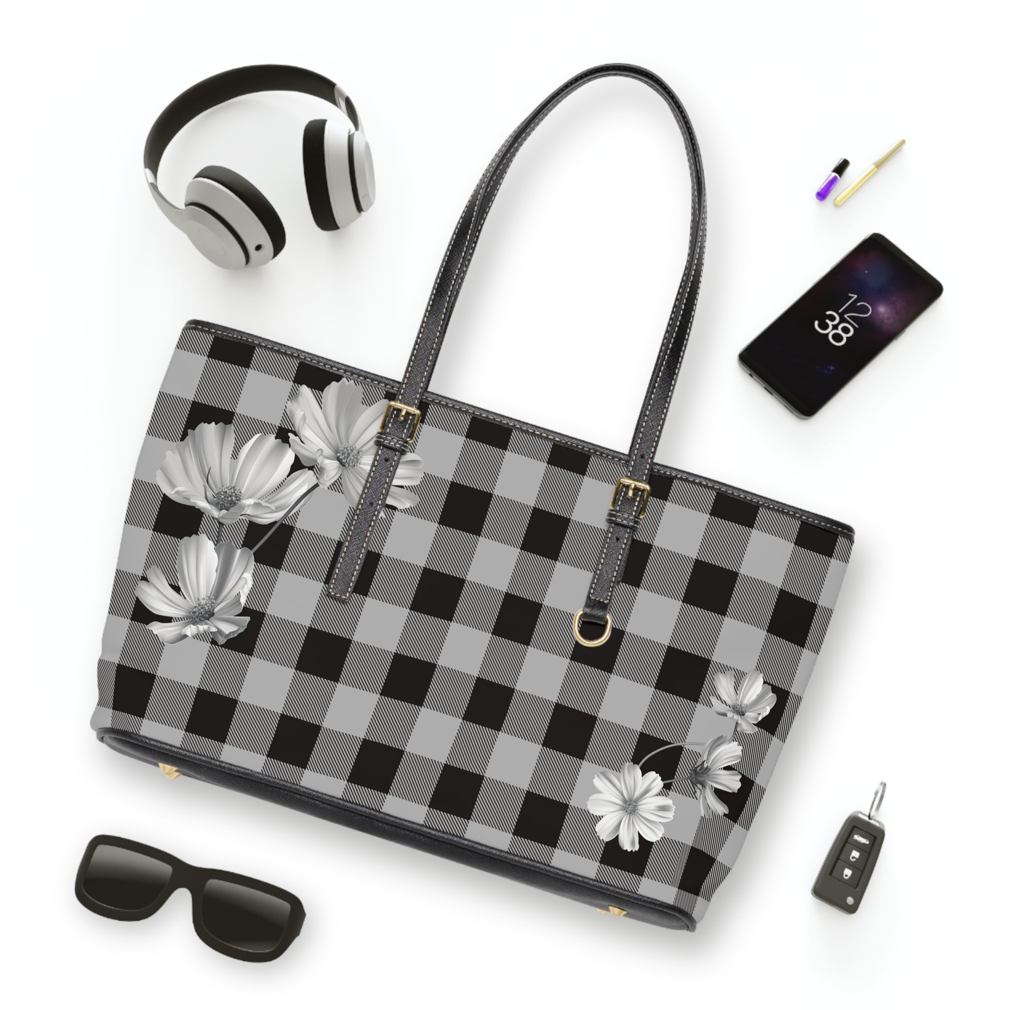 Casual Wear Accessories Check Mate in Gray (Flower) PU Leather Shoulder Bag in Dark Brown, Tote Bag, Weekend Tote, Gift For Her