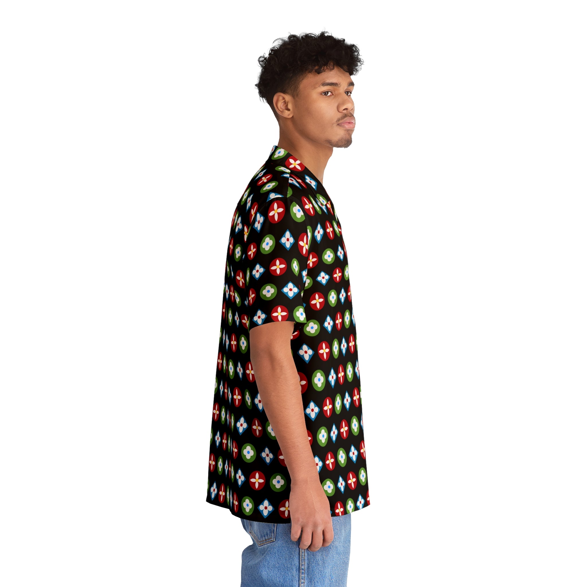  Groove Collection Trilogy of Icons Pattern (Red, Green, Blue) Black Unisex Gender Neutral Button Up Shirt, Hawaiian Shirt Men's Shirts
