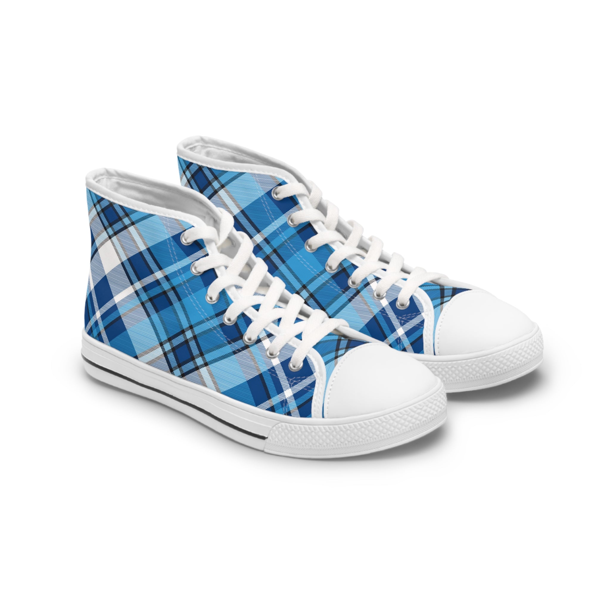 Groove Fashion Collection in Blue Plaid Women's High Top Sneakers, Unique Women's Shoes, Casual High Tops, Fashionable Women's Sneakers Shoes US-12-White-sole The Middle Aged Groove