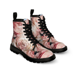 The Vintage Creamy Peach and Rose Women's Bloom Canvas Boots, Military Style Lace Up Boots, Women's Canvas Boots