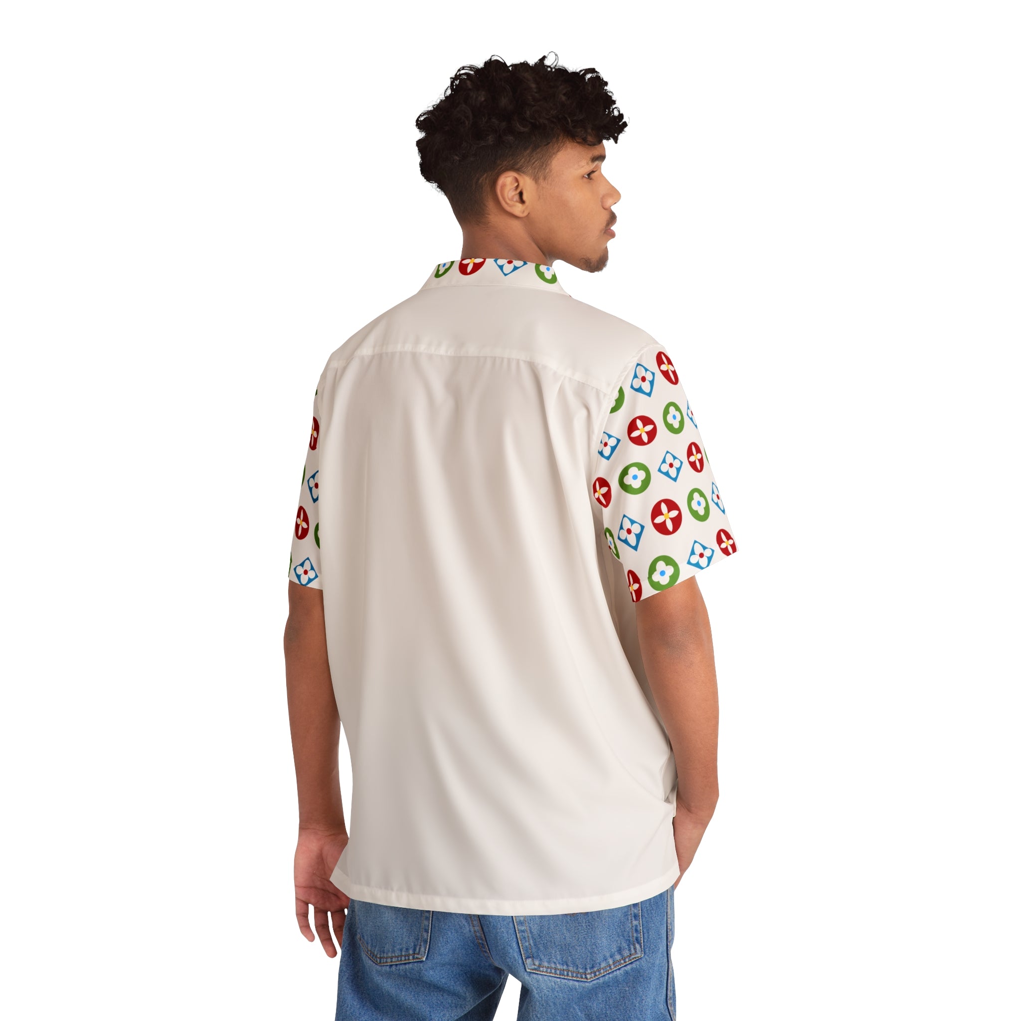  Groove Collection Trilogy of Icons Solid Block (Red, Green, Blue) White Unisex Gender Neutral Button Up Shirt, Hawaiian Shirt Men's Shirts