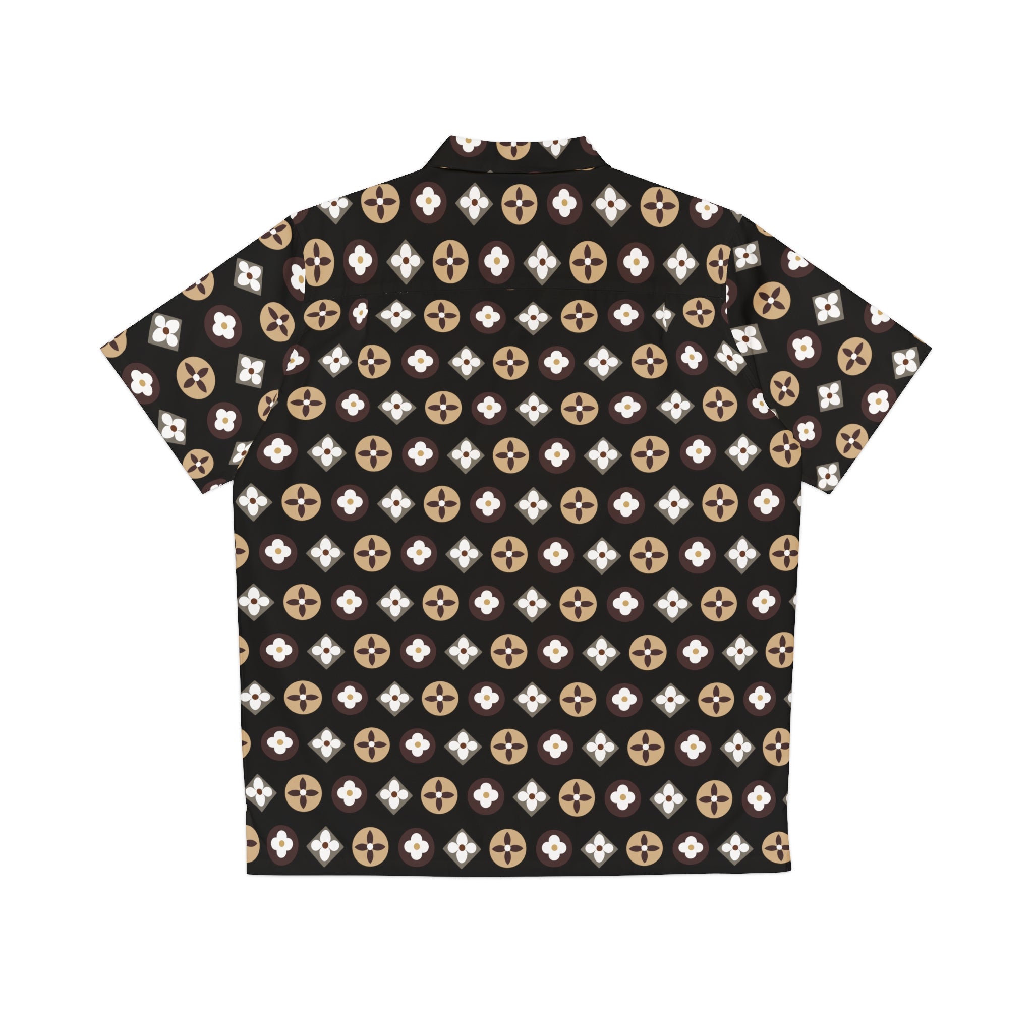  Groove Collection Trilogy of Icons Pattern (Browns) Black Unisex Gender Neutral Button Up Shirt, Hawaiian Shirt Men's Shirts