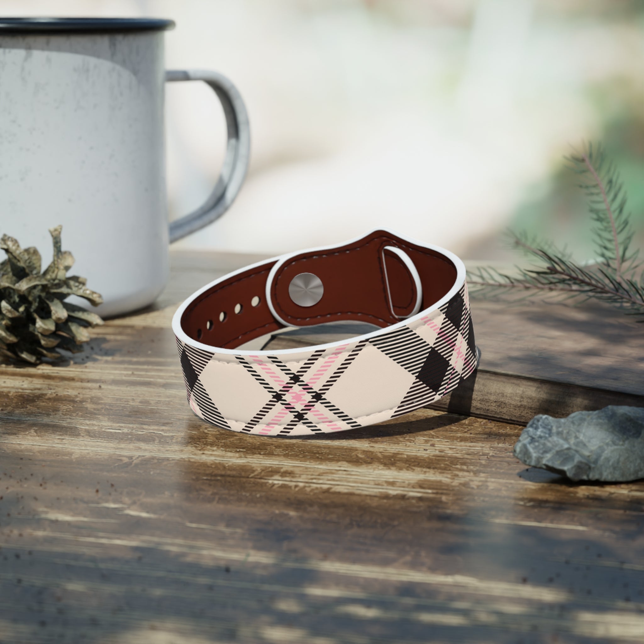 Abby Plaid in Beige and Pink Faux Leather Wristband, Leather Bracelet, Faux Leather Cuff, Unisex Accessories