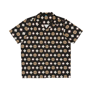 Groove Collection Trilogy of Icons Pattern (Browns) Black Unisex Gender Neutral Button Up Shirt, Hawaiian Shirt