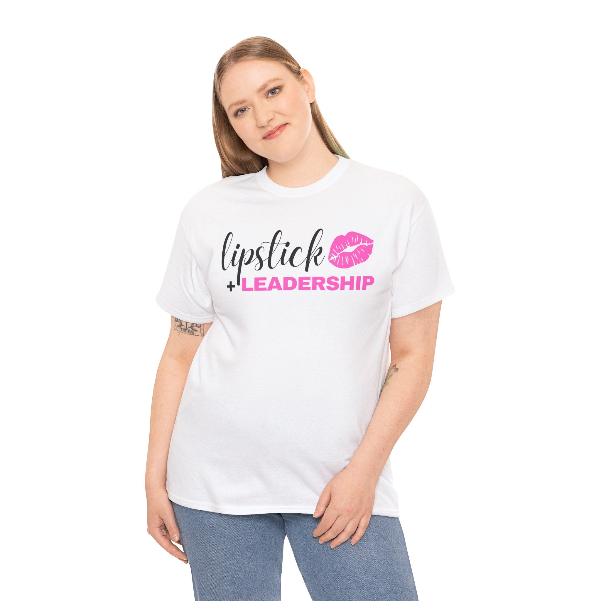 Lipstick + Leadership (Pink Lips) Relaxed-Fit Heavy Cotton T-Shirt, Makeup Tshirt, Beauty Business Tshirt T-Shirt  The Middle Aged Groove