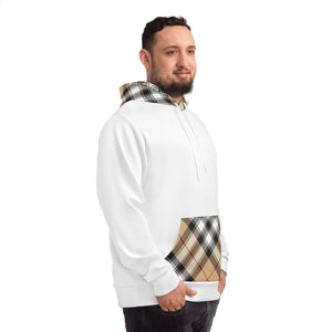 Groove Collection in Plaid (Red Line) Large Print Hood and Pocket Contrast Pullover Fashion Hoodie in White, Men's Plaid Contrast Hoodie