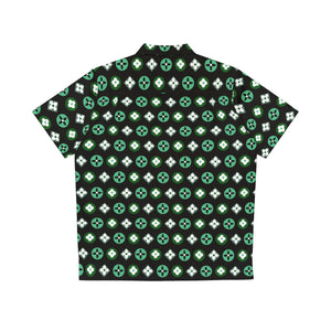Groove Collection Trilogy of Icons Pattern (Greens) Black Unisex Gender Neutral Button Up Shirt, Hawaiian Shirt