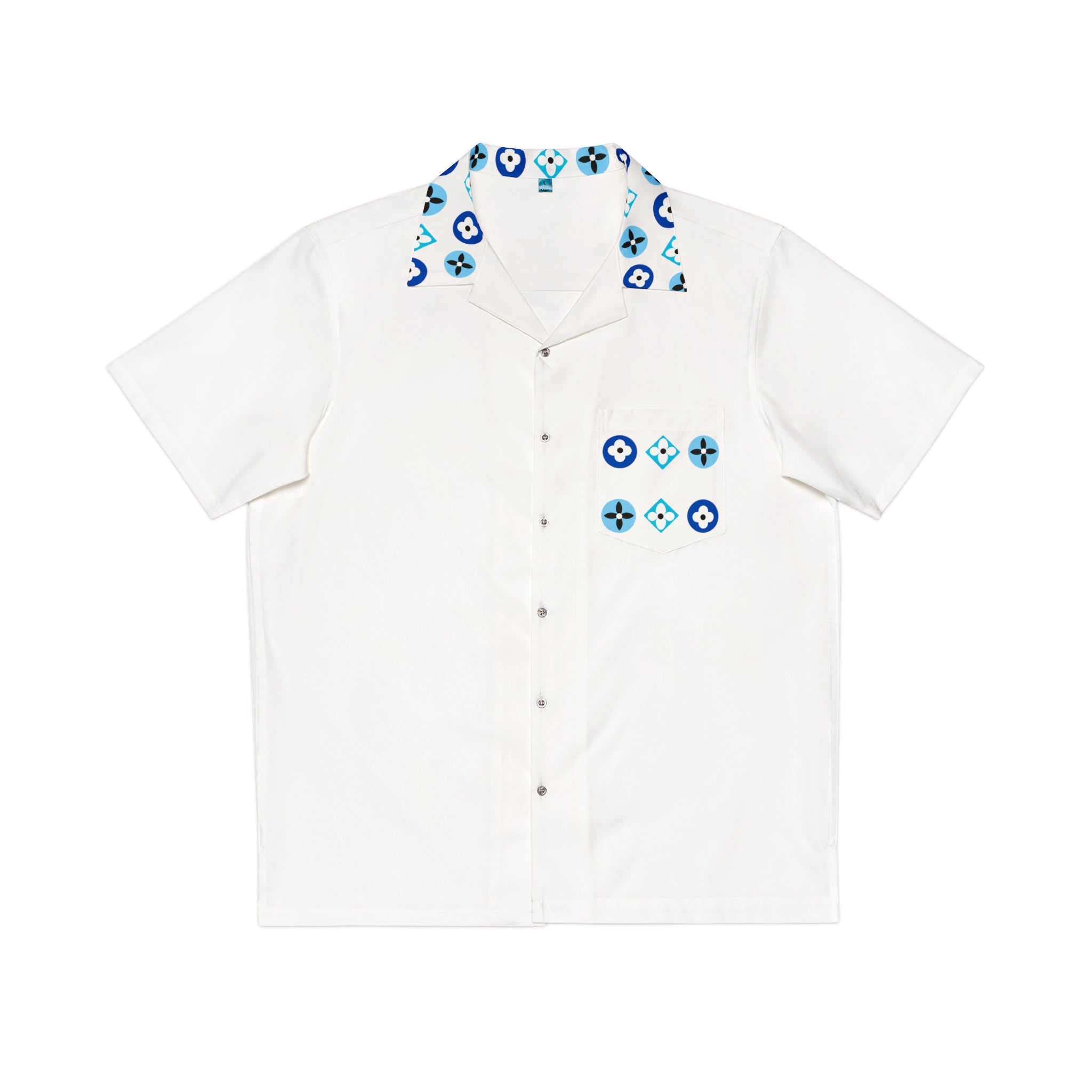 Groove Collection Trilogy of Icons Pocket Grid (Blues) White Unisex Gender Neutral Button Up Shirt, Hawaiian Shirt