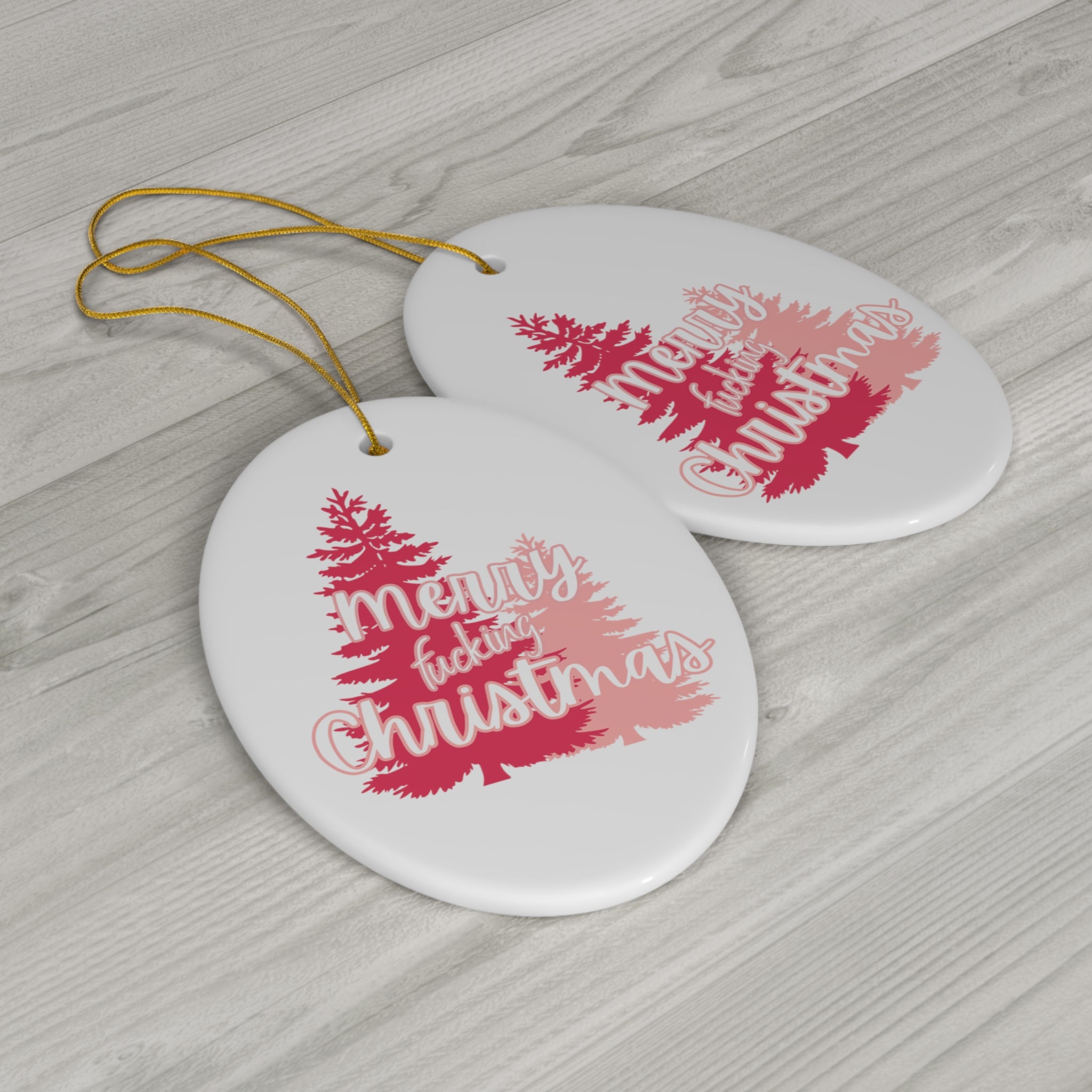  Merry Fucking Christmas (Pink Trees) Ceramic Ornament, Sweary Christmas Ornament, Funny Porcelain Decoration, Holiday Decor Home Decor