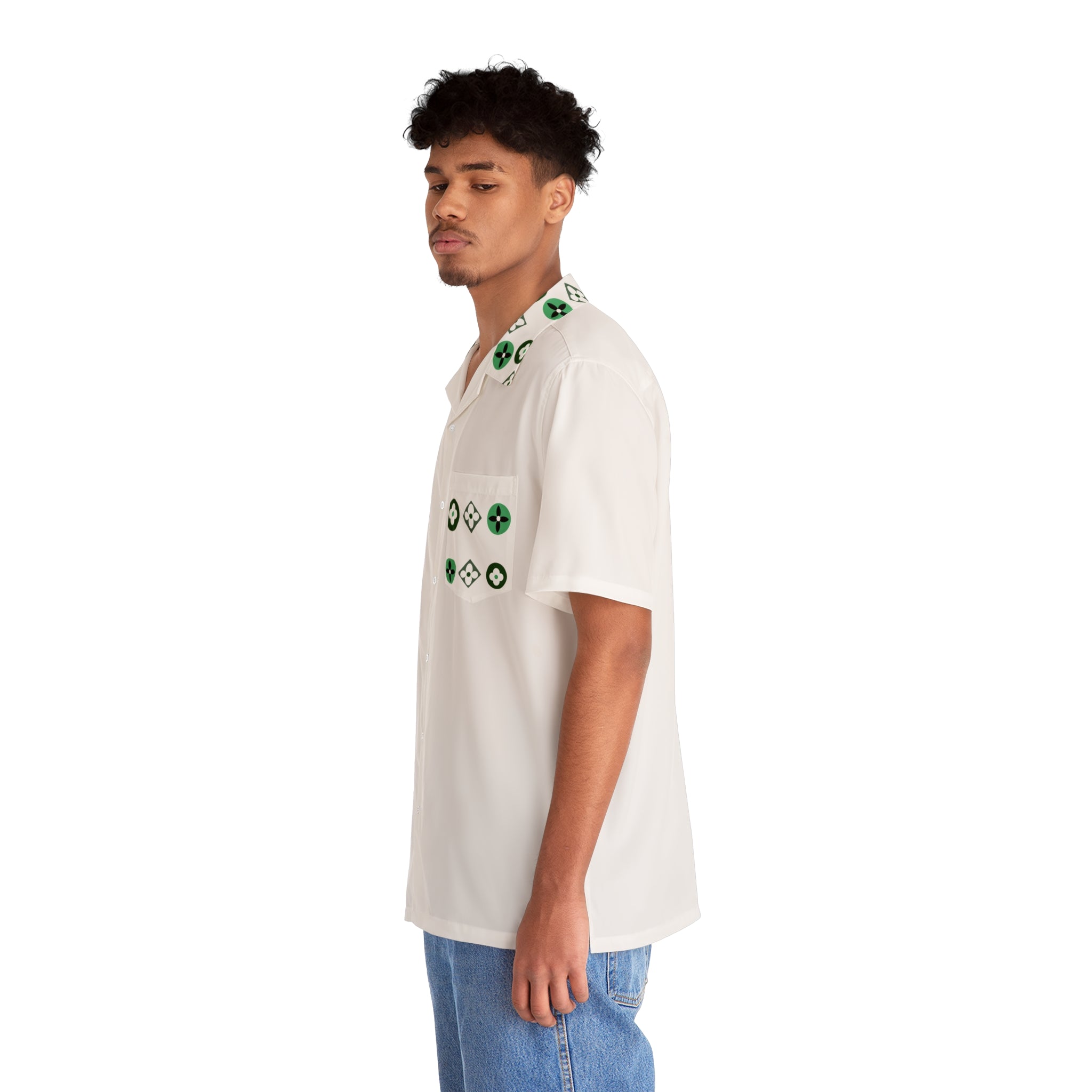 Groove Collection Trilogy of Icons Pocket Grid (Greens) White Unisex Gender Neutral Button Up Shirt, Hawaiian Shirt