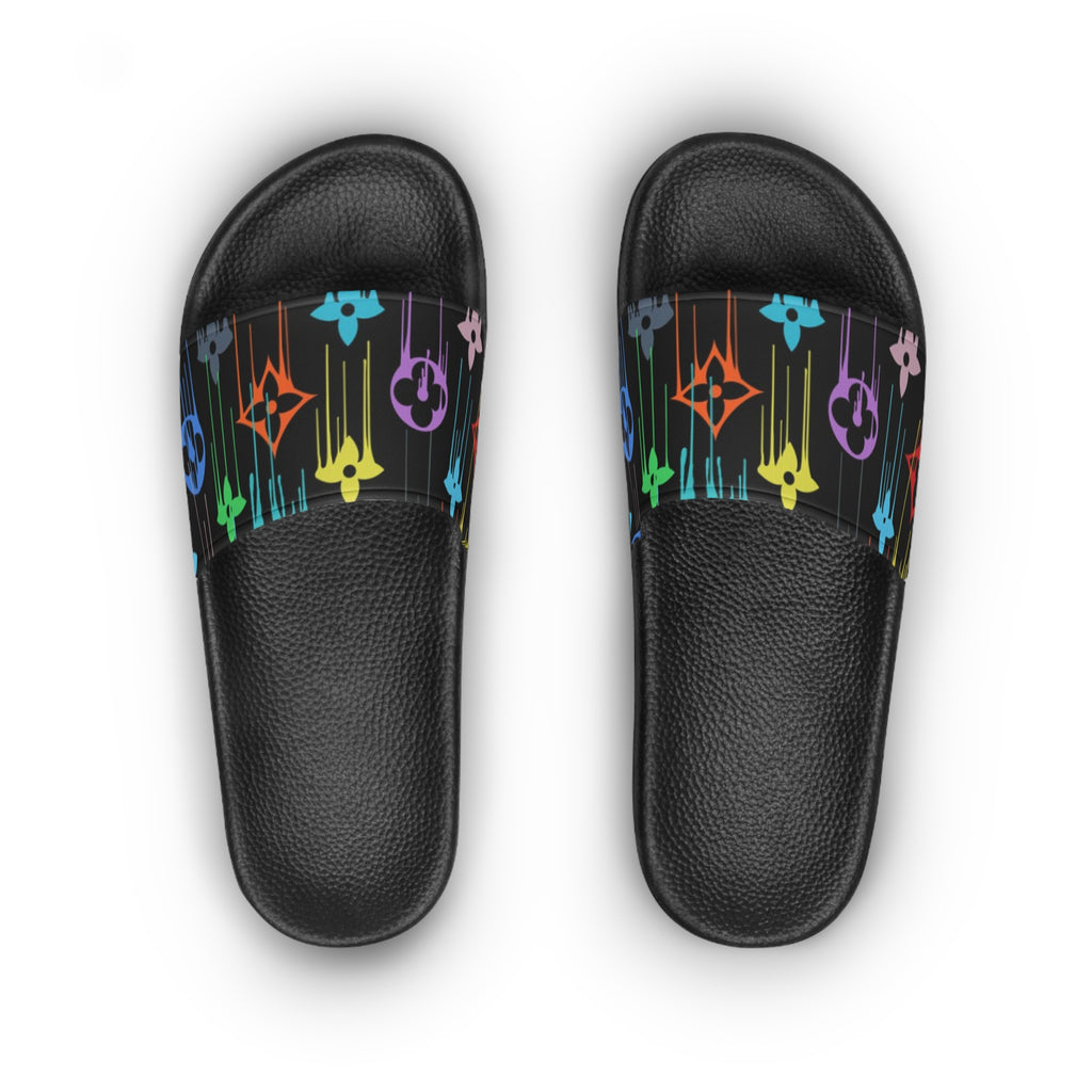  Casual Wear Collection in Multi-Color Dripping Icons Women's Slide Sandals, Slide Sandals for Women, Plaid Slip Ons SandalsBlacksoleUS6