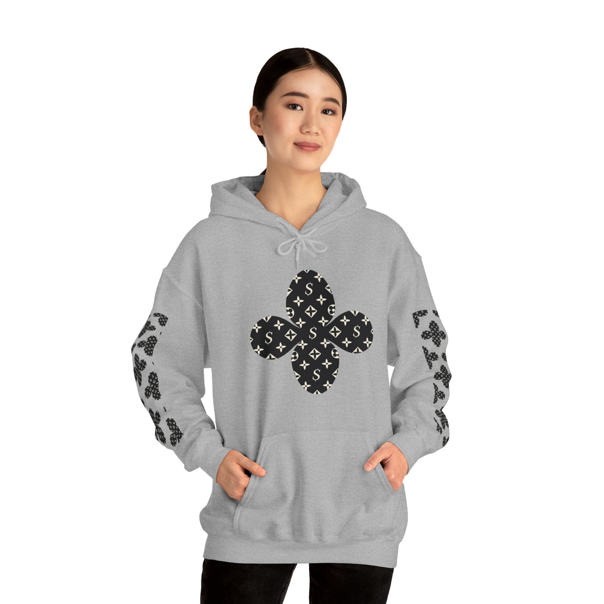 Black and White cons Flower with Sleeve Print Unisex Heavy Blend™ Hooded Sweatshirt