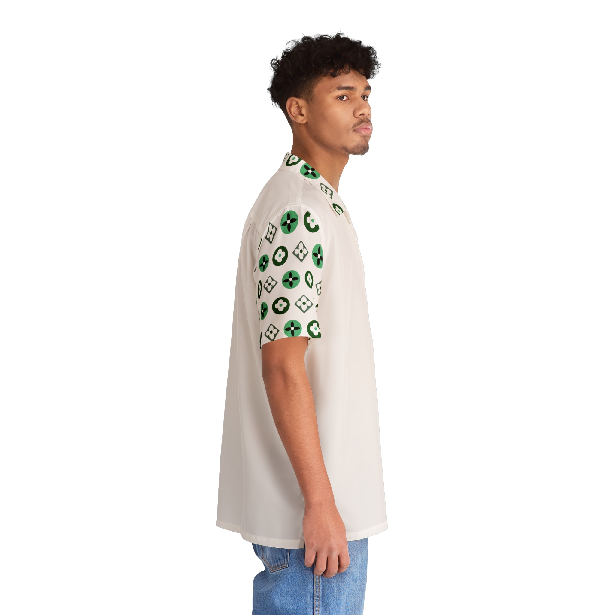 Groove Collection Trilogy of Icons Solid Block (Greens) White Unisex Gender Neutral Button Up Shirt, Hawaiian Shirt