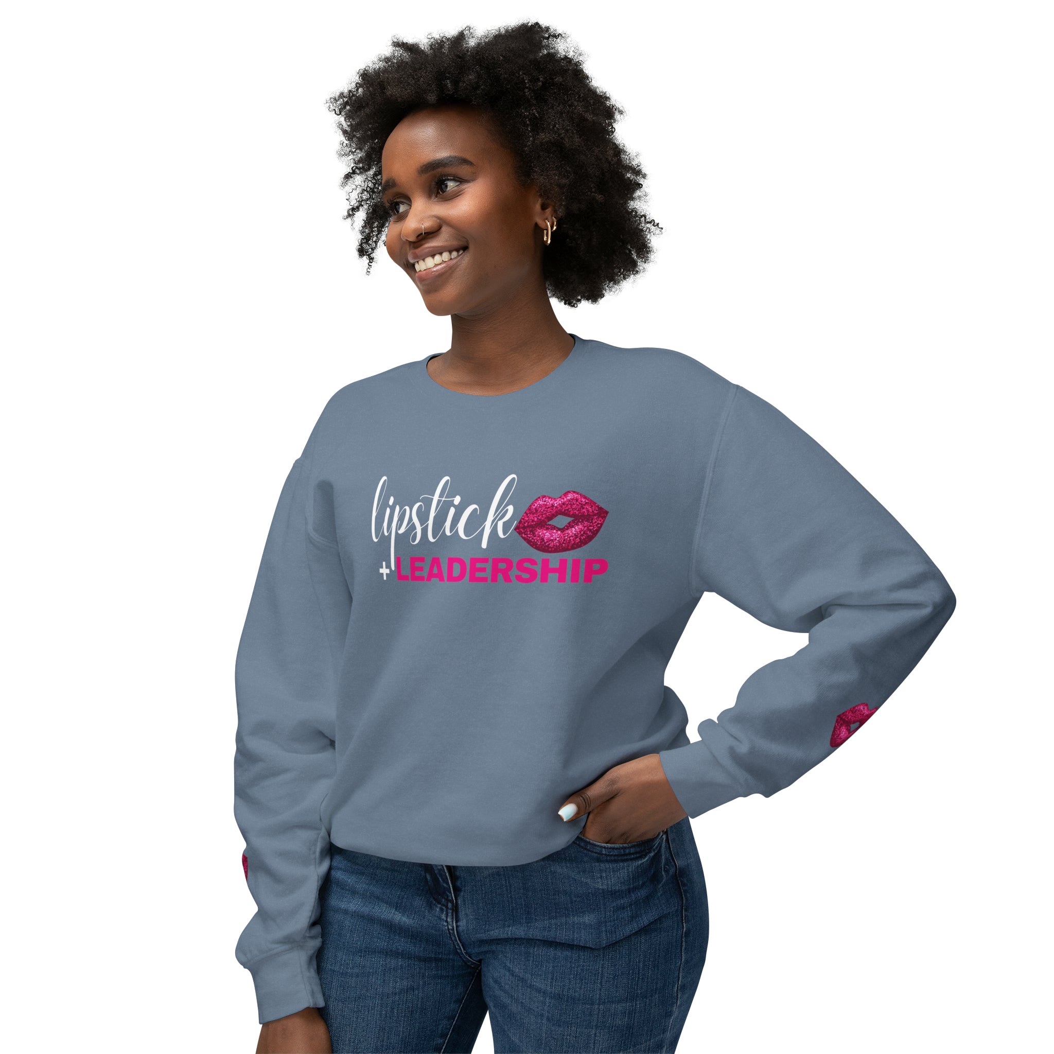 Lipstick + Leadership (Pink Sparkle Lips) Relaxed Fit Lightweight Crewneck Sweatshirt, Makeup Sweatshirt, Beauty Business Sweatshirt Sweatshirt  The Middle Aged Groove