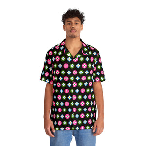 Groove Collection Trilogy of Icons Pattern (Pink, Green, Blue) Unisex Gender Neutral Black Button Up Shirt, Hawaiian Shirt