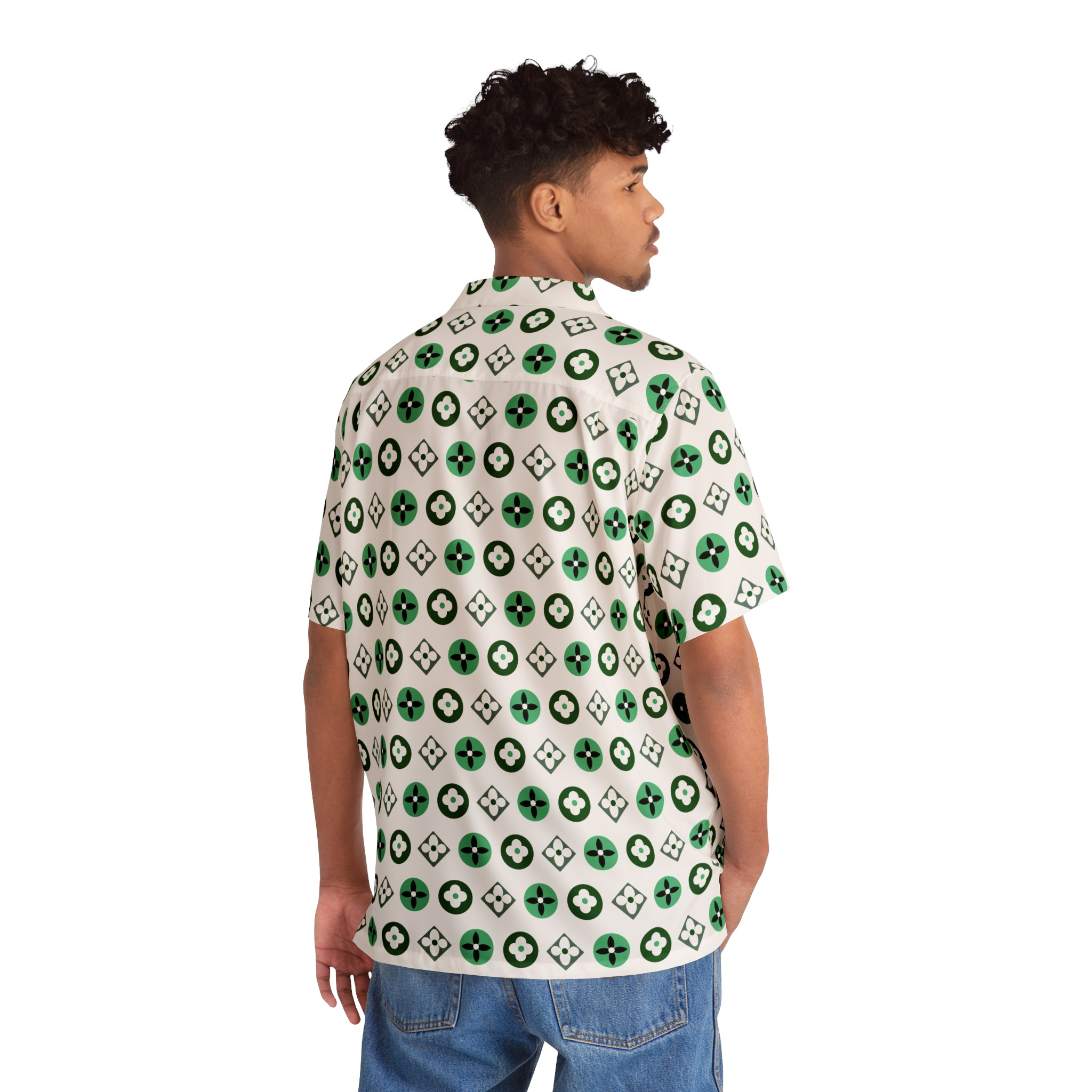 Groove Collection Trilogy of Icons Pattern (Greens) White Unisex Gender Neutral Button Up Shirt, Hawaiian Shirt