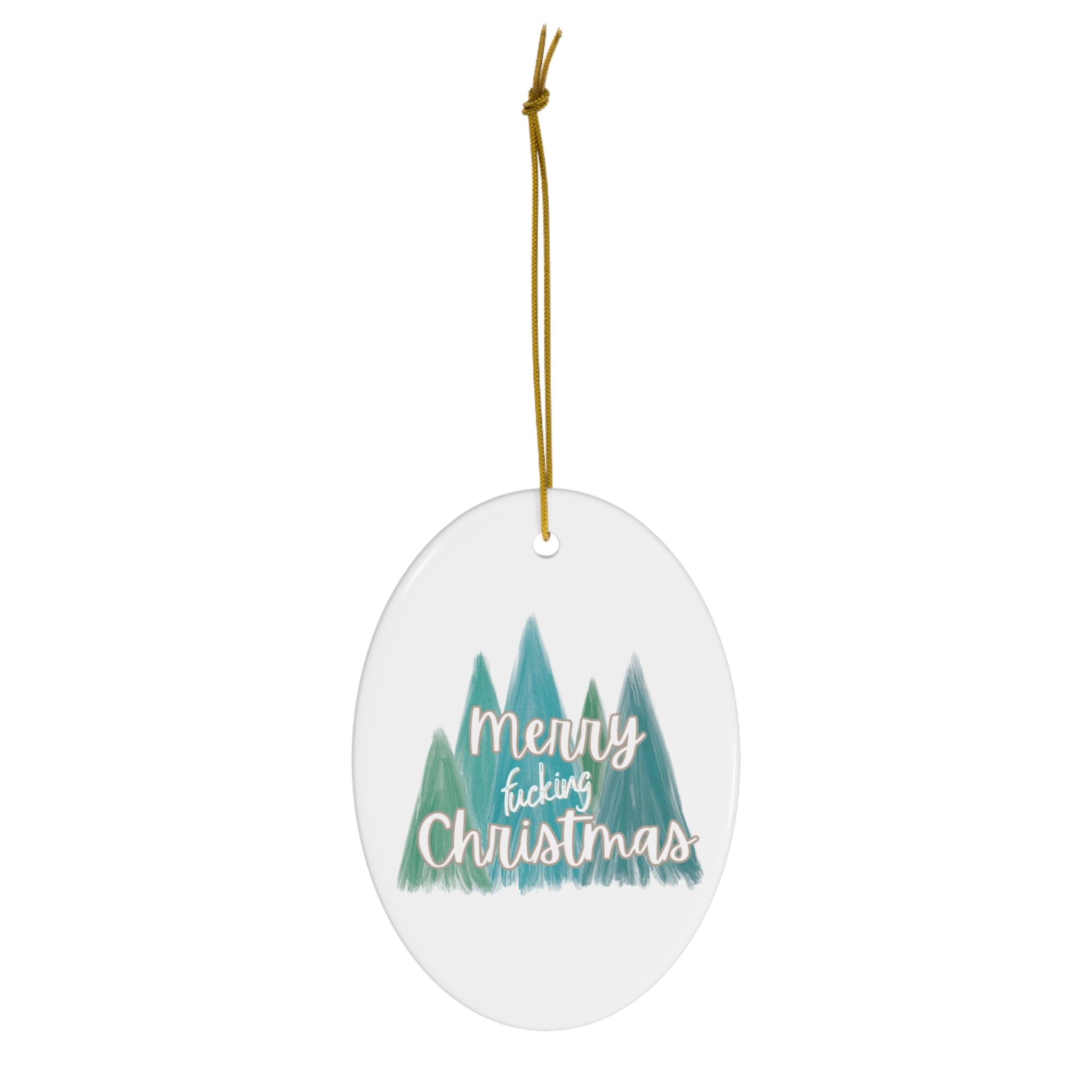  Merry Fucking Christmas (Turquoise Trees) Ceramic Ornament, Sweary Christmas Ornament, Funny Porcelain Decoration, Holiday Decor Home DecorOvalOneSize