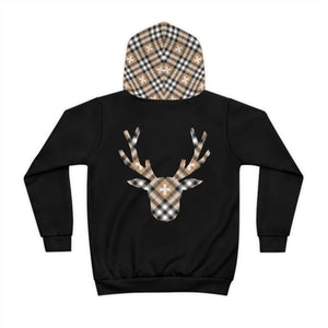 Beige Plaid Plus Sign (Oh Deer Back Design) Children's Hoodie, Pullover Sweater for Children, Kids Fashion Wear - The Middle Aged Groove
