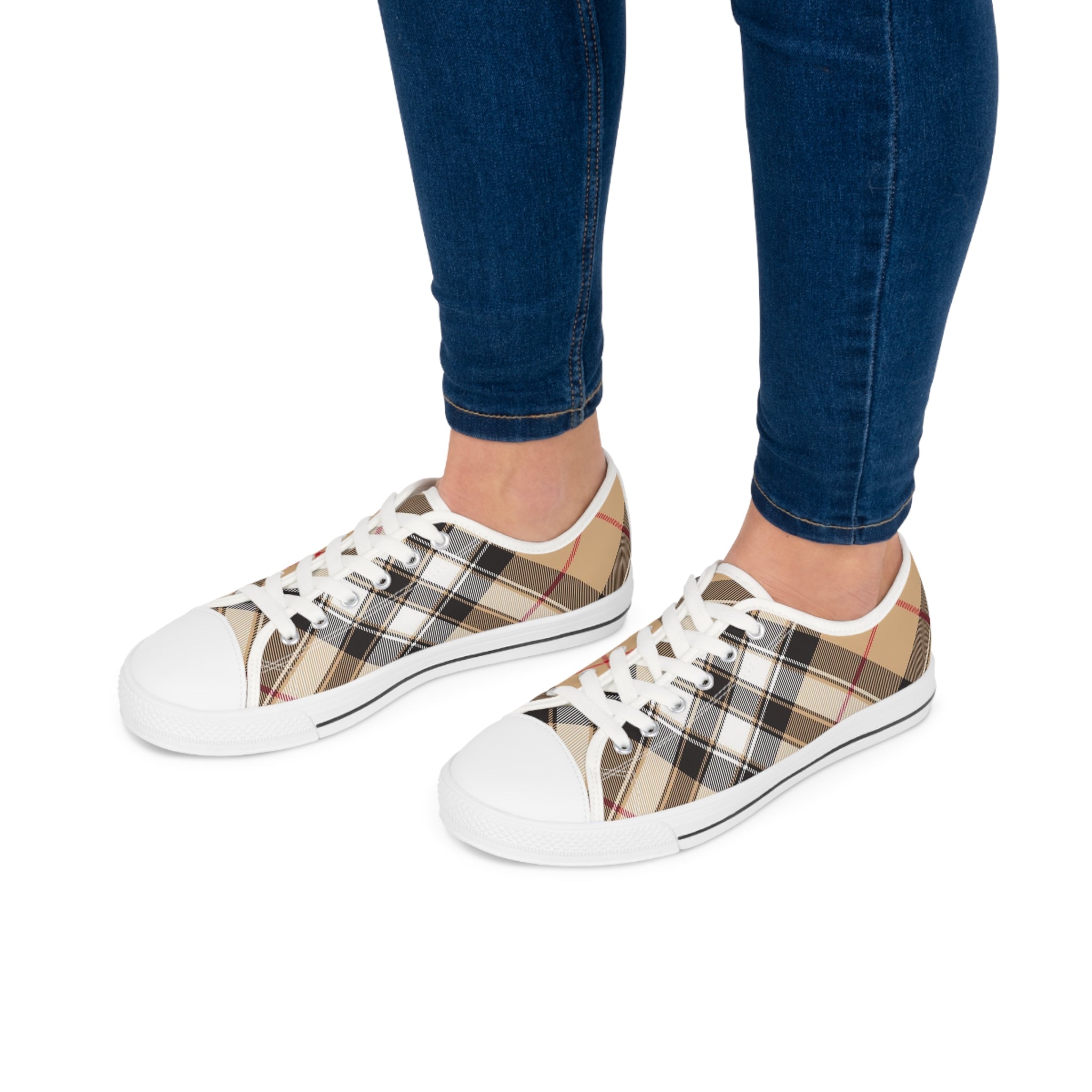 Groove Fashion Collection in Plaid (Red Stripe) Large Print Women's White Canvas Shoes