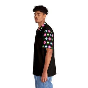 Groove Collection Trilogy of Icons Solid Block (Pink, Green, Blue) Unisex Gender Neutral Black Button Up Shirt, Hawaiian Shirt