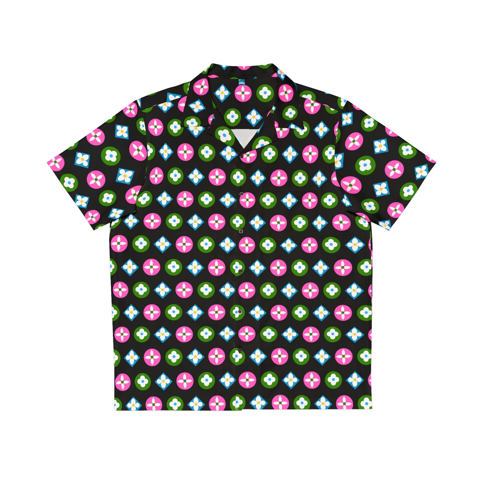 Groove Collection Trilogy of Icons Pattern (Pink, Green, Blue) Unisex Gender Neutral Black Button Up Shirt, Hawaiian Shirt