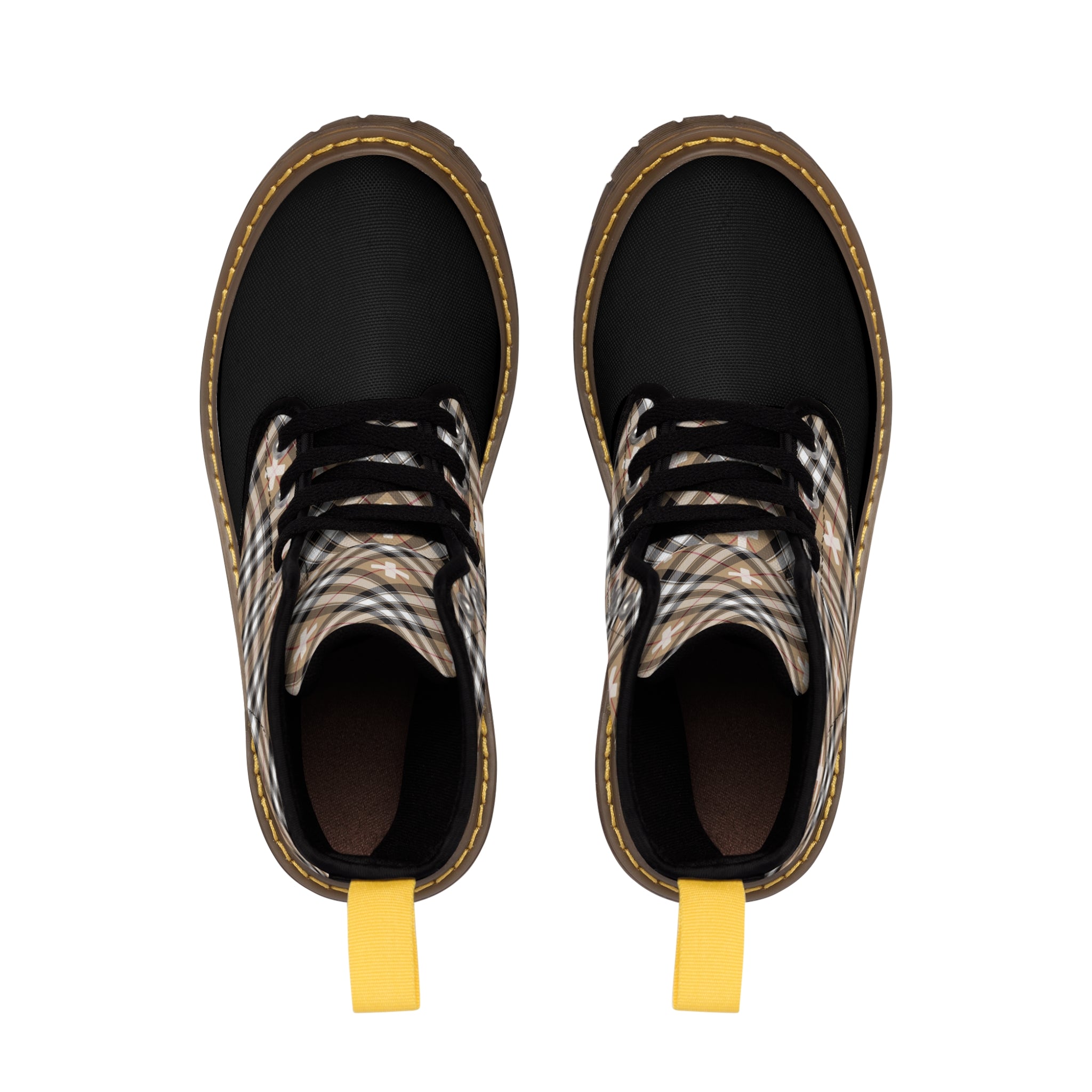  Beige Plaid (Plus Sign) Black Toe Women's Canvas Boots Shoes