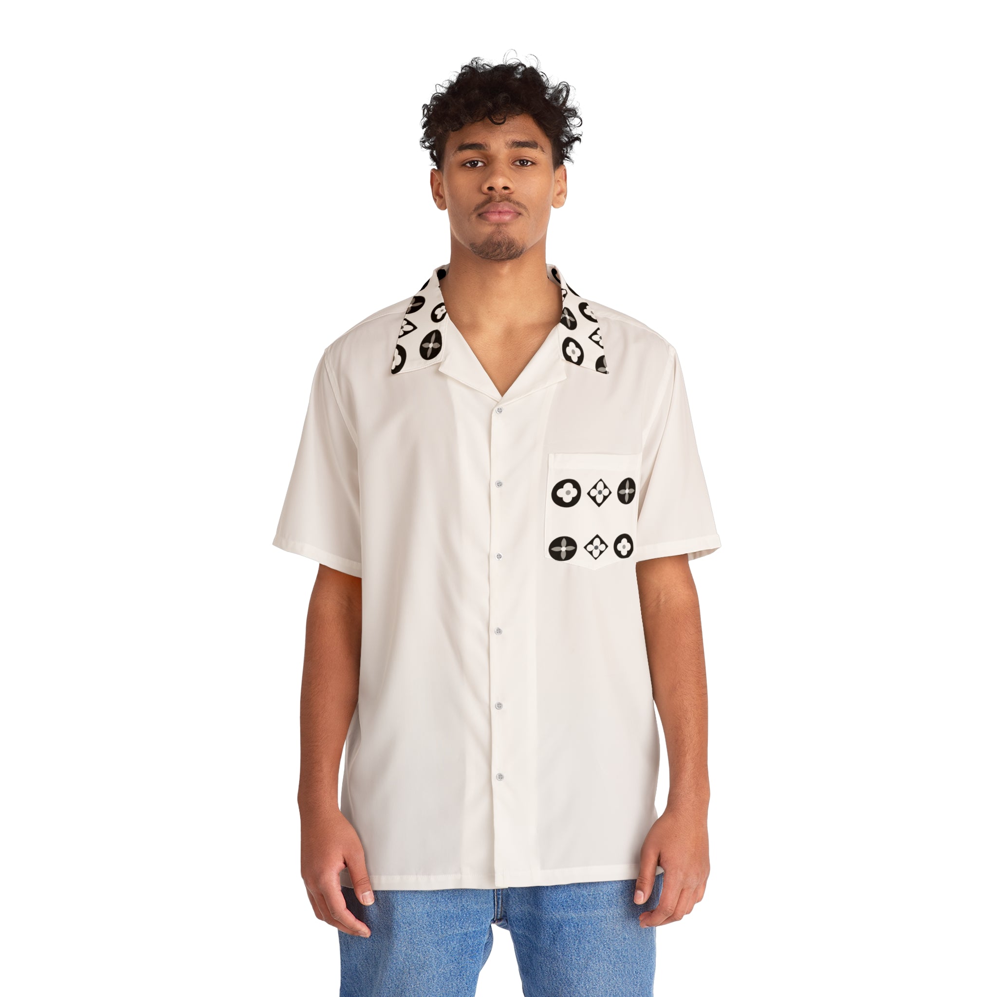  Groove Collection Trilogy of Icons Pocket Grid (Black, White) White Unisex Gender Neutral Button Up Shirt, Hawaiian Shirt Shirts