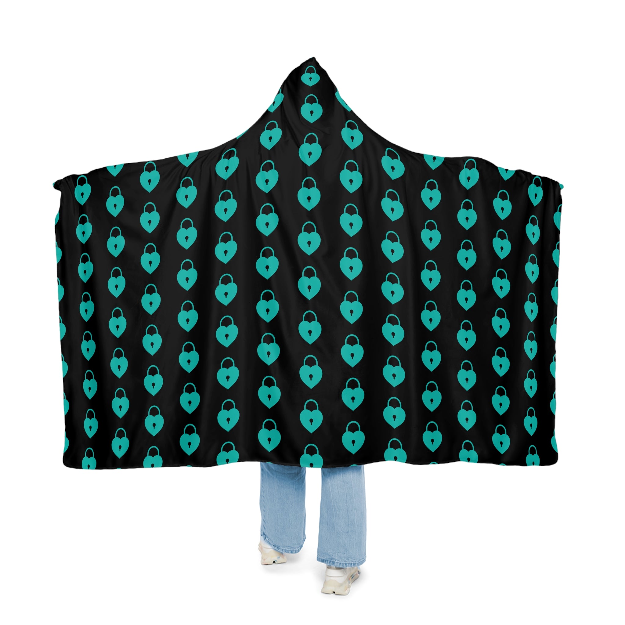 At Home Collection Large Blue Lock Pattern Black Snuggle Blanket, Hooded Sherpa, Oversized Hooded Cape All Over Prints 80-55-Microfiber-Fleece The Middle Aged Groove