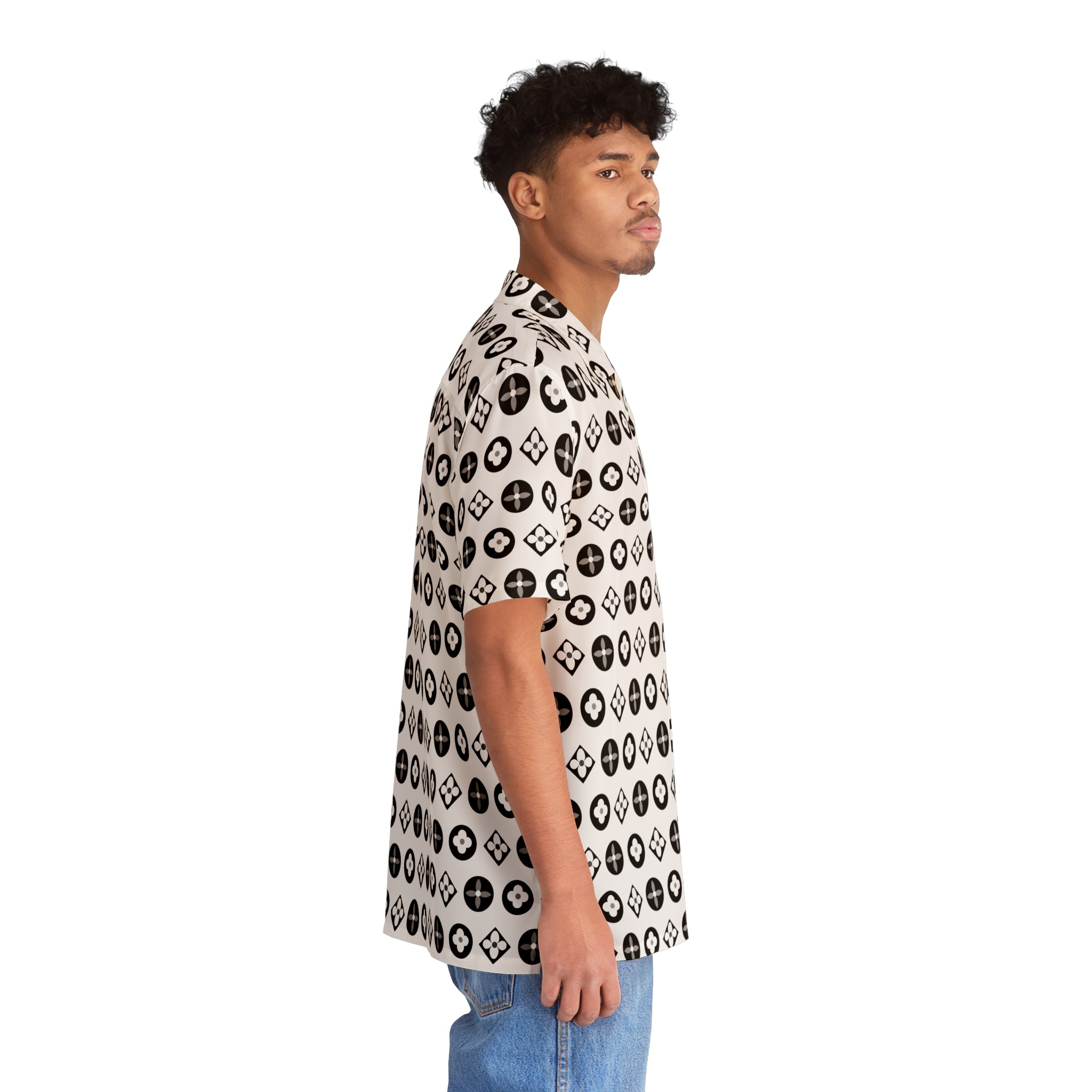 Groove Collection Trilogy of Icons Pattern (Black, White) Unisex Gender Neutral White Button Up Shirt, Hawaiian Shirt