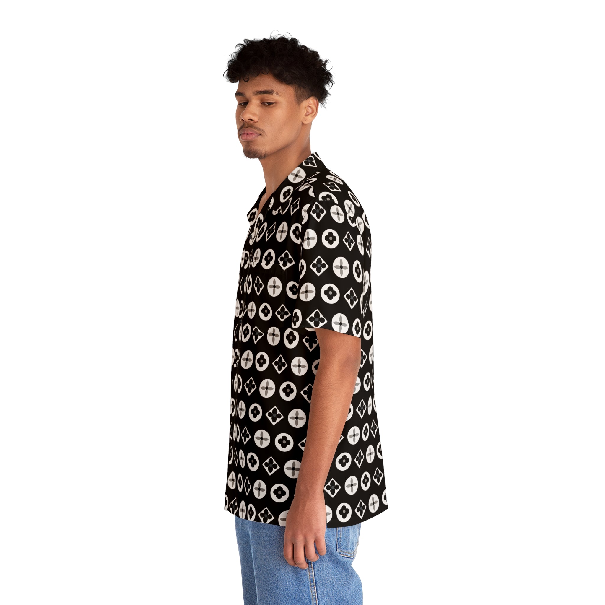 Groove Collection Trilogy of Icons Pattern (Black, White) Unisex Gender Neutral Black Button Up Shirt, Hawaiian Shirt