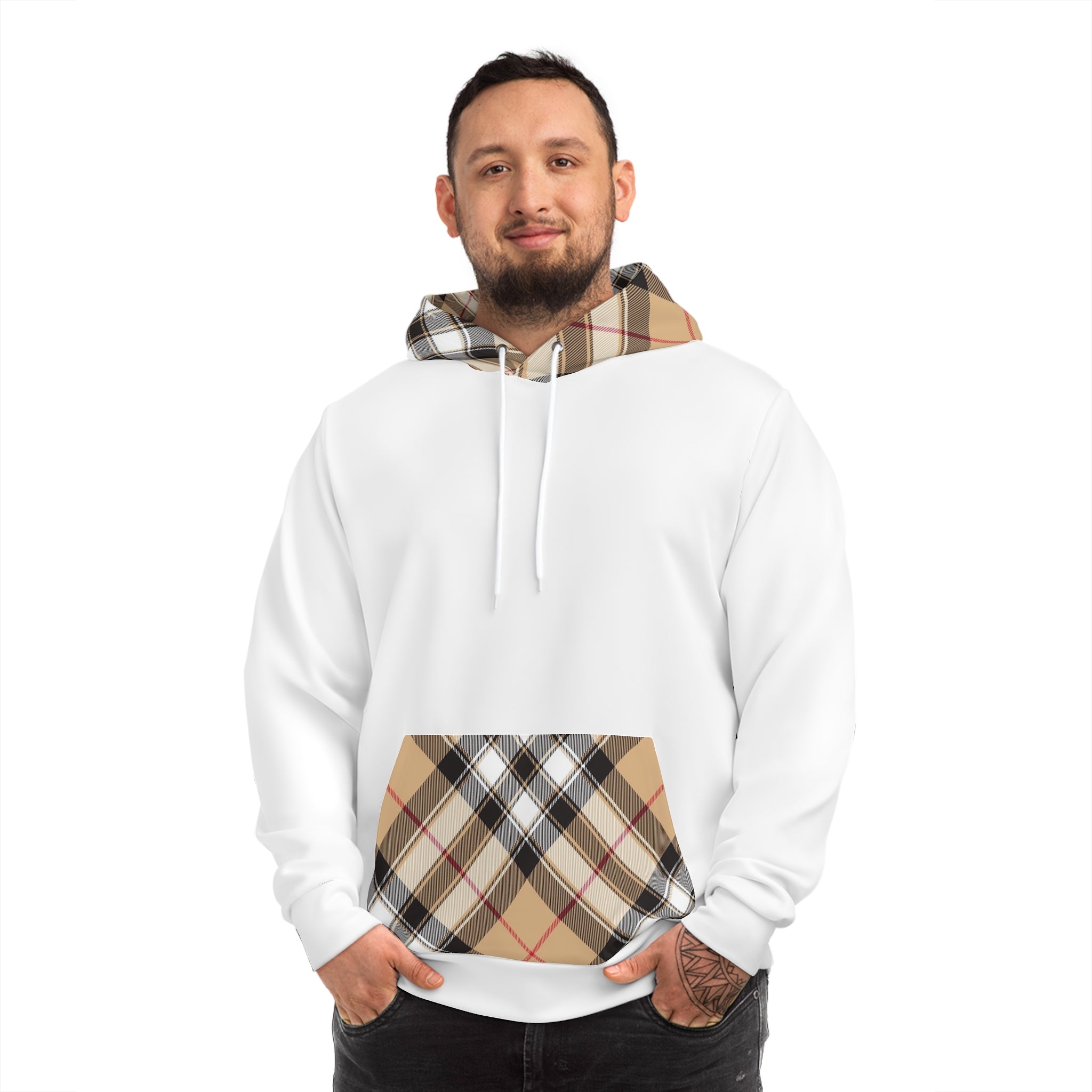  Groove Collection in Plaid (Red Line) Large Print Hood and Pocket Contrast Pullover Fashion Hoodie in White, Men's Plaid Contrast Hoodie Hoodie