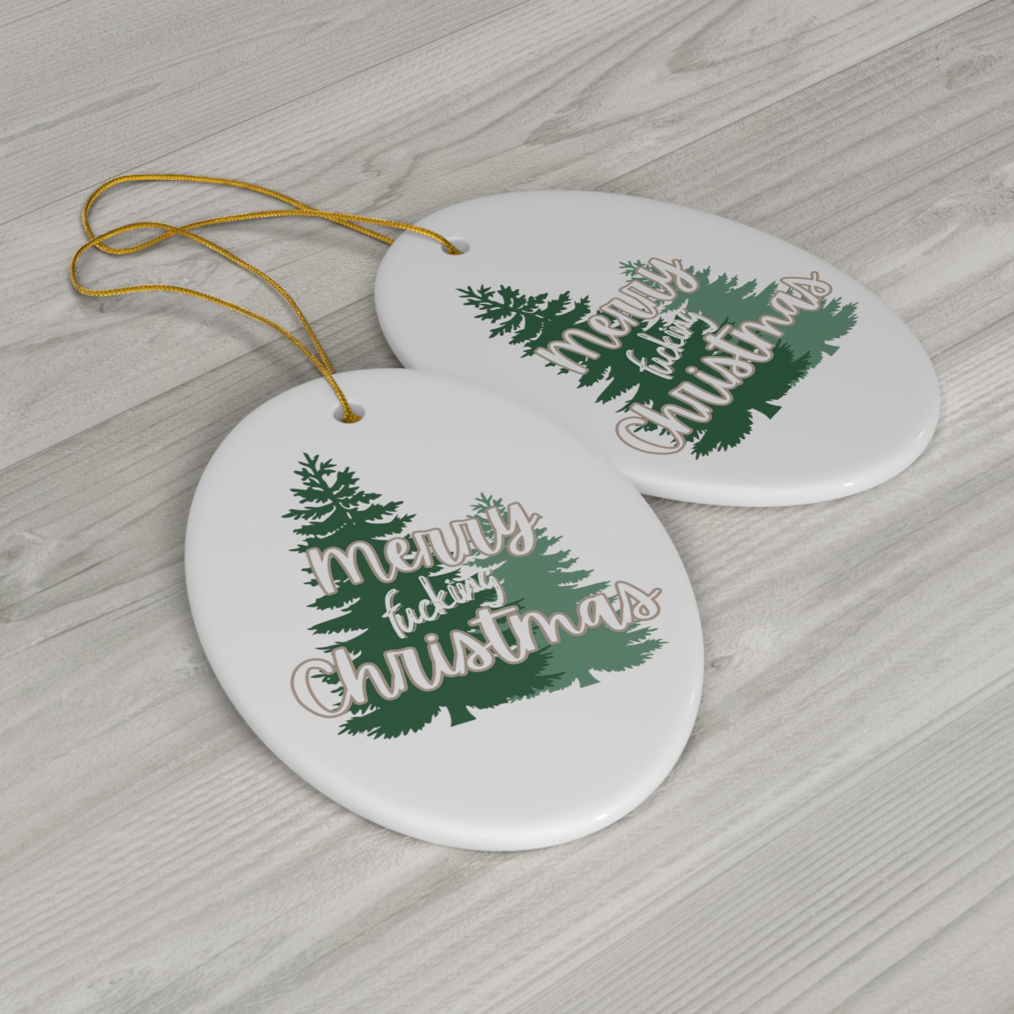  Merry Fucking Christmas (Green Trees) Ceramic Ornament, Sweary Christmas Ornament, Funny Porcelain Decoration, Holiday Decor Home Decor