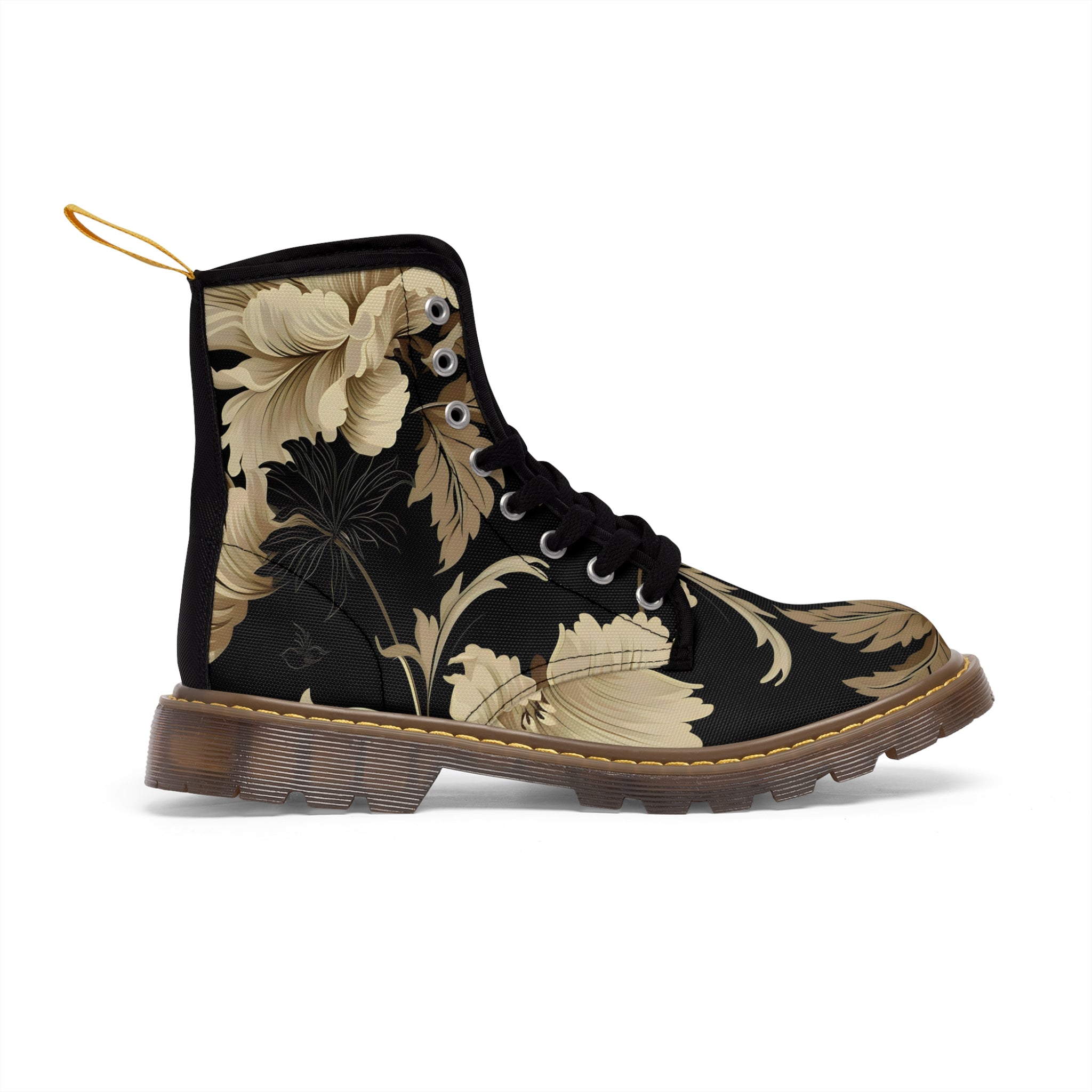 Vintage Cream Flowers and Leaves Women's Black Bloom Canvas Boots, Military Style Lace Up Boots, Women's Flower Canvas Boots
