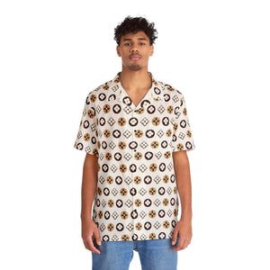 Groove Collection Trilogy of Icons Pattern (Browns) White Unisex Gender Neutral Button Up Shirt, Hawaiian Shirt