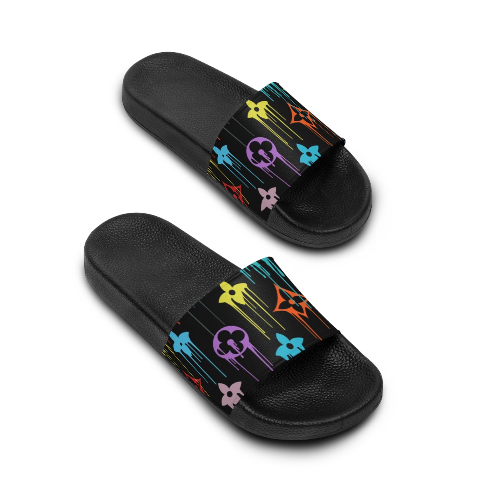  Casual Wear Collection in Multi-Color Dripping Icons Women's Slide Sandals, Slide Sandals for Women, Plaid Slip Ons Sandals